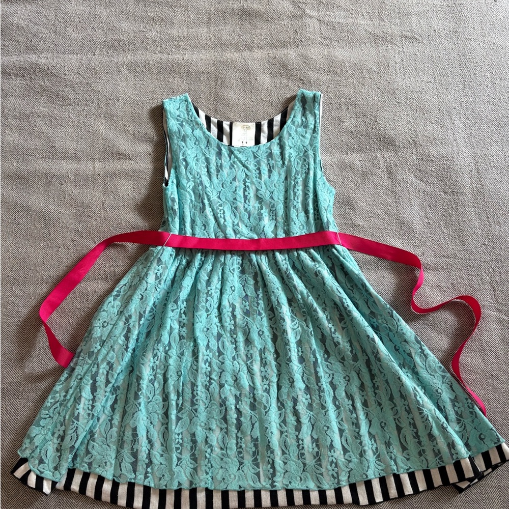 Ella & Lulu Aqua Lace Dress with Black & White Knit Lining and Pink Sash
